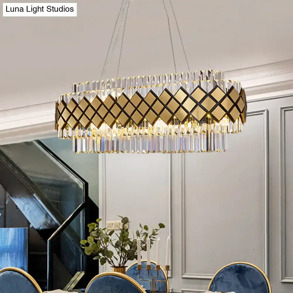 Decorbites contemporary gold pendant light with crystal block oval design and lattice frame for dining room illumination