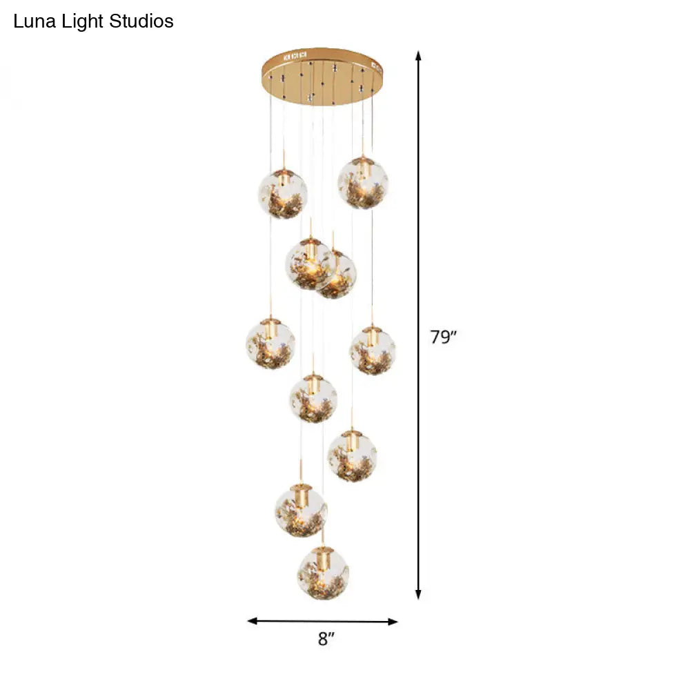 Contemporary Gold Ball Chandelier with Amber Dimpled Glass Pendant - 10 Bulbs, Multi-Light for Living Room