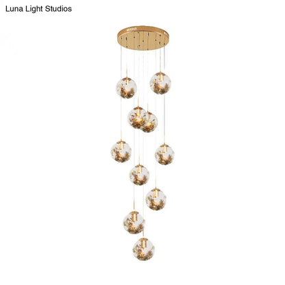 Contemporary Gold Ball Chandelier with Amber Dimpled Glass Pendant - 10 Bulbs, Multi-Light for Living Room