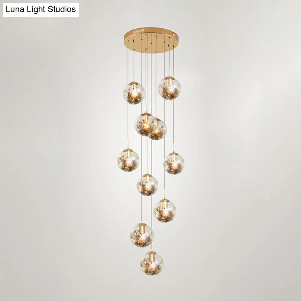 Contemporary Gold Ball Chandelier with Amber Dimpled Glass Pendant - 10 Bulbs, Multi-Light for Living Room