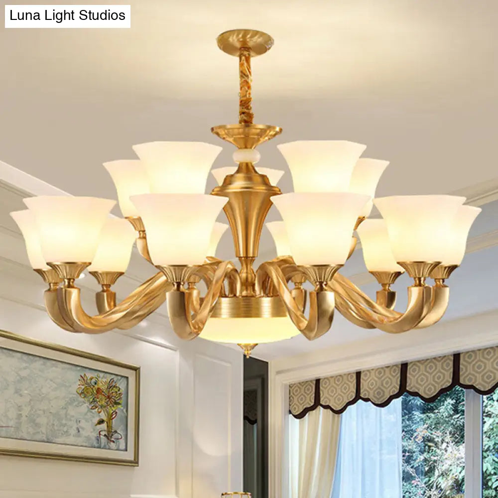 Contemporary Gold Bell Chandelier Pendant with Milky Glass Shade