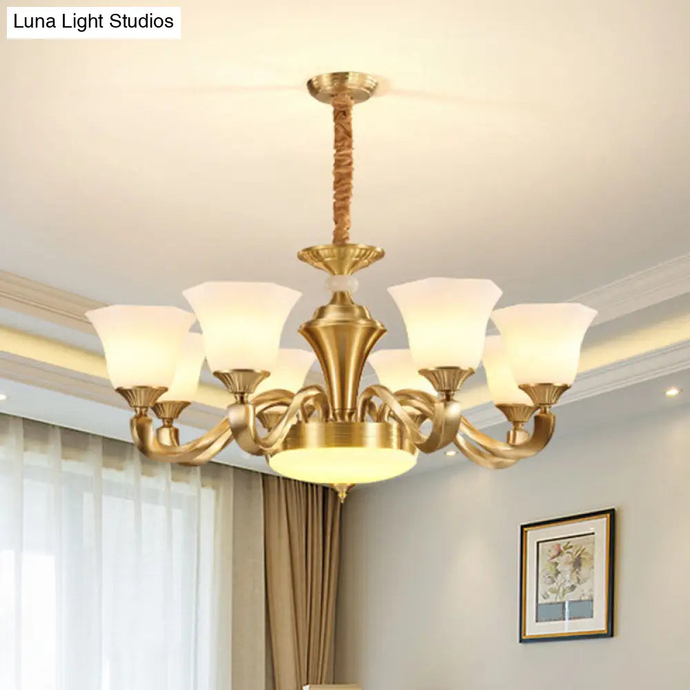 Contemporary Gold Bell Chandelier Pendant with Milky Glass Shade