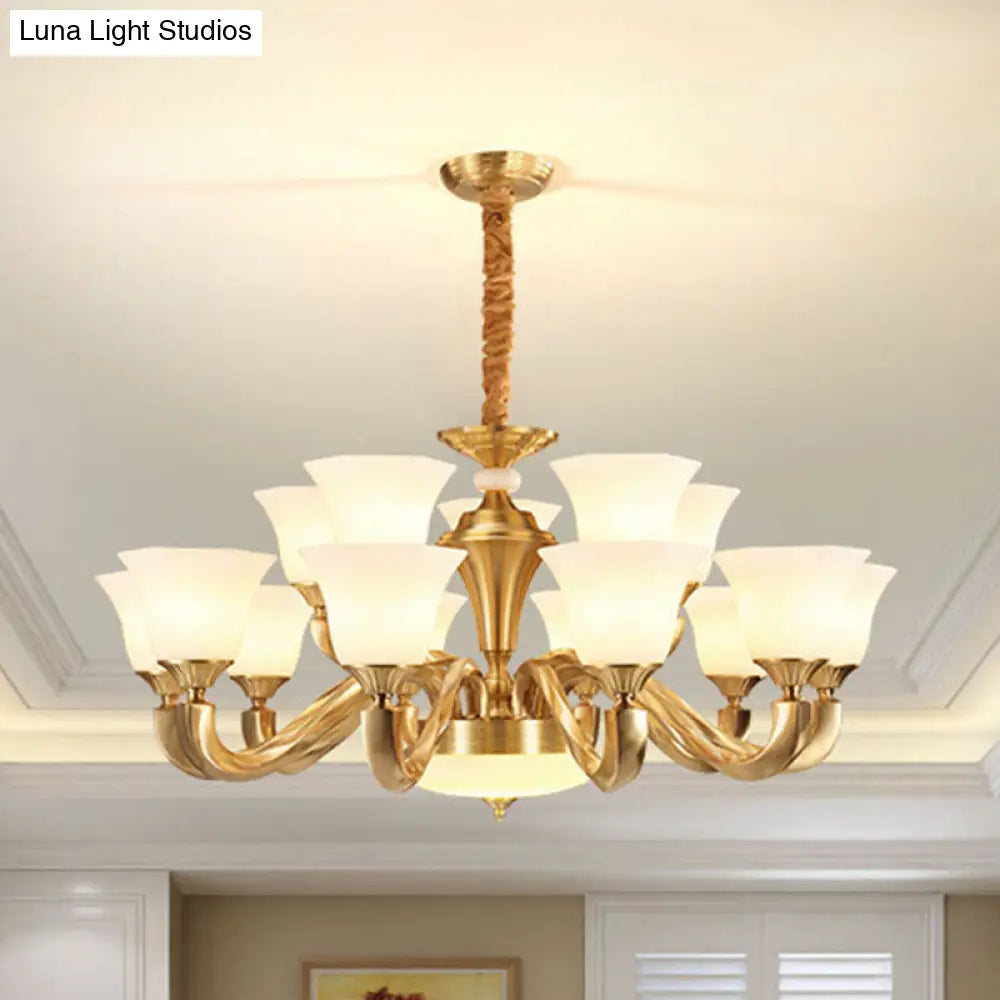Contemporary Gold Bell Chandelier Pendant with Milky Glass Shade