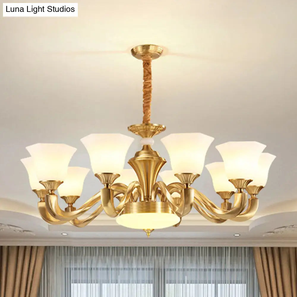 Contemporary Gold Bell Chandelier Pendant with Milky Glass Shade