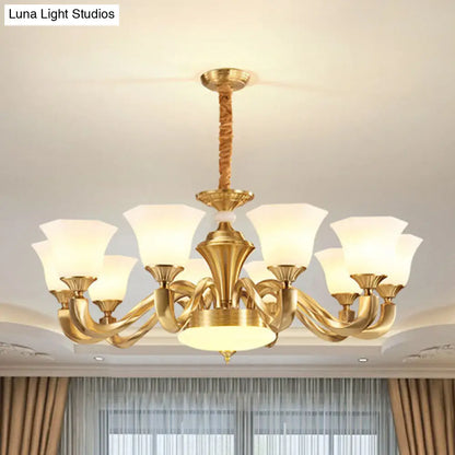 Contemporary Gold Bell Chandelier Pendant with Milky Glass Shade