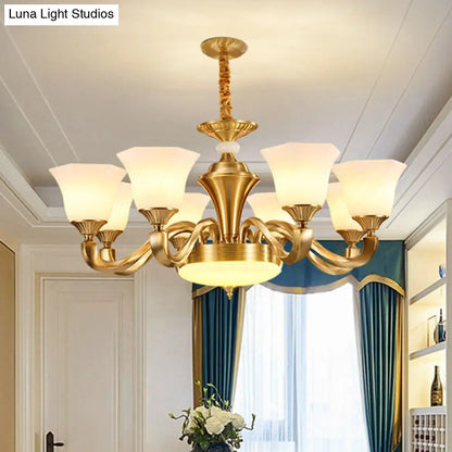 Contemporary Gold Bell Chandelier Pendant with Milky Glass Shade