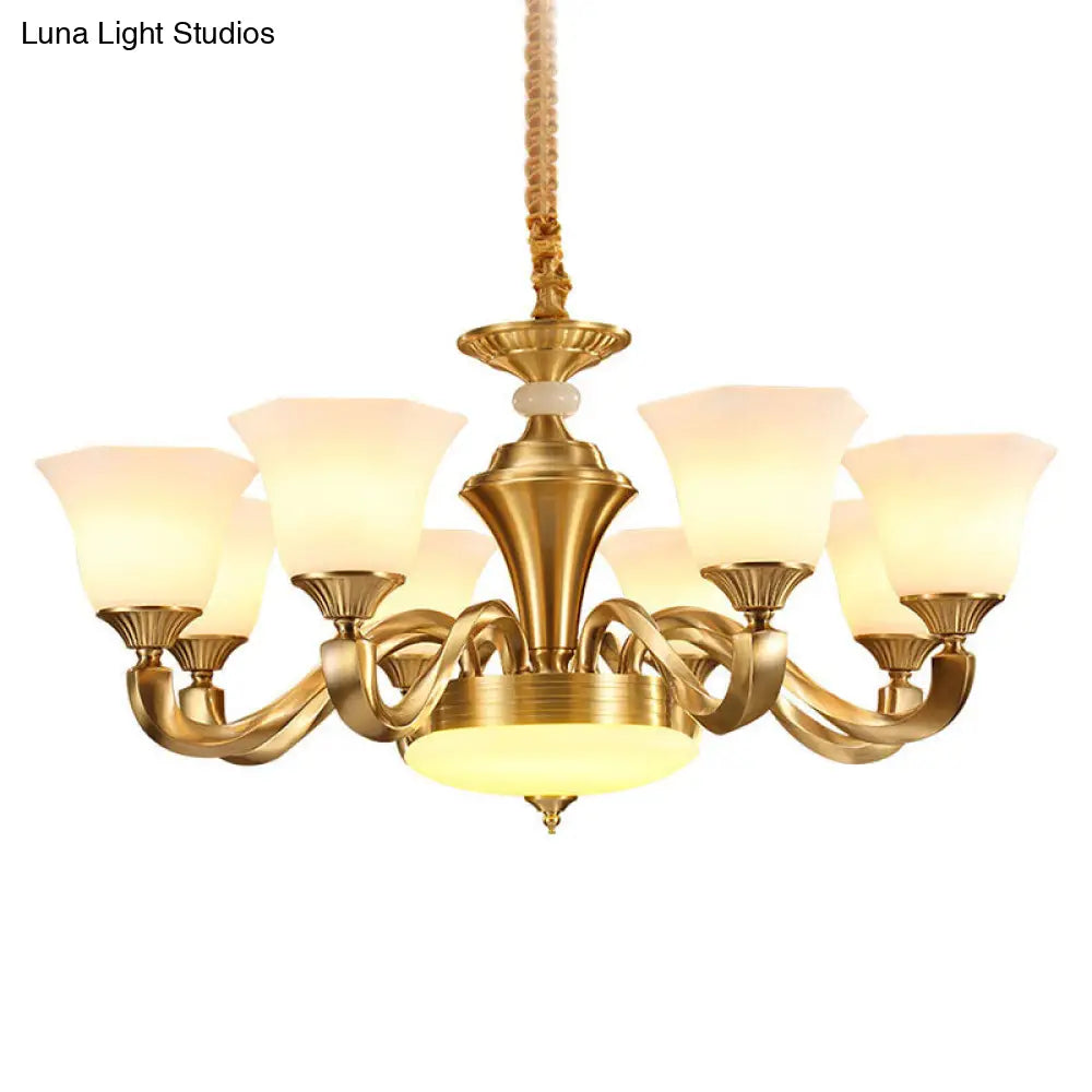 Contemporary Gold Bell Chandelier Pendant with Milky Glass Shade