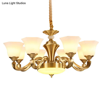 Contemporary Gold Bell Chandelier Pendant with Milky Glass Shade