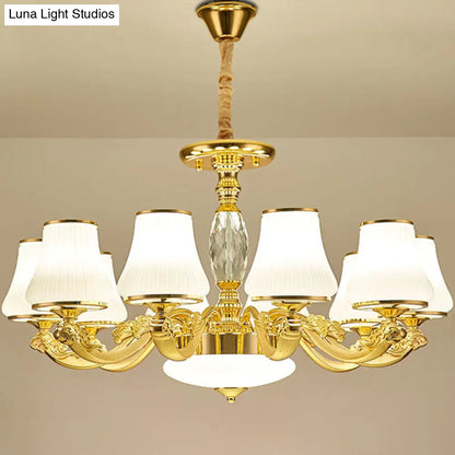 Contemporary Gold Chandelier with White Ribbed Glass Cone Ceiling Lamp