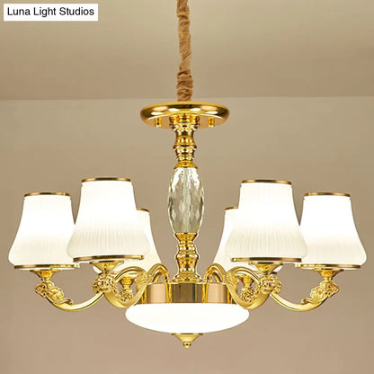 Contemporary Gold Chandelier with White Ribbed Glass Cone Ceiling Lamp