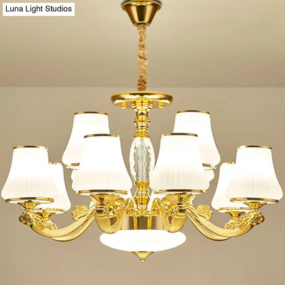 Contemporary Gold Chandelier with White Ribbed Glass Cone Ceiling Lamp