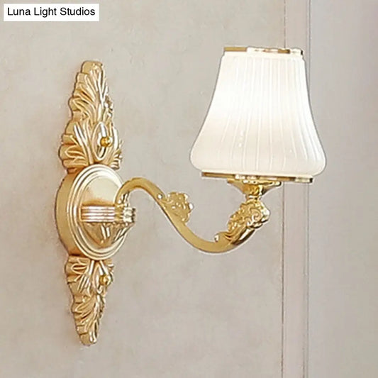 Contemporary Gold Chandelier with White Ribbed Glass Cone Ceiling Lamp