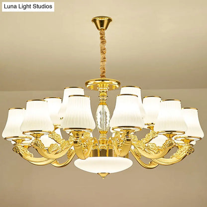 Contemporary Gold Chandelier with White Ribbed Glass Cone Ceiling Lamp