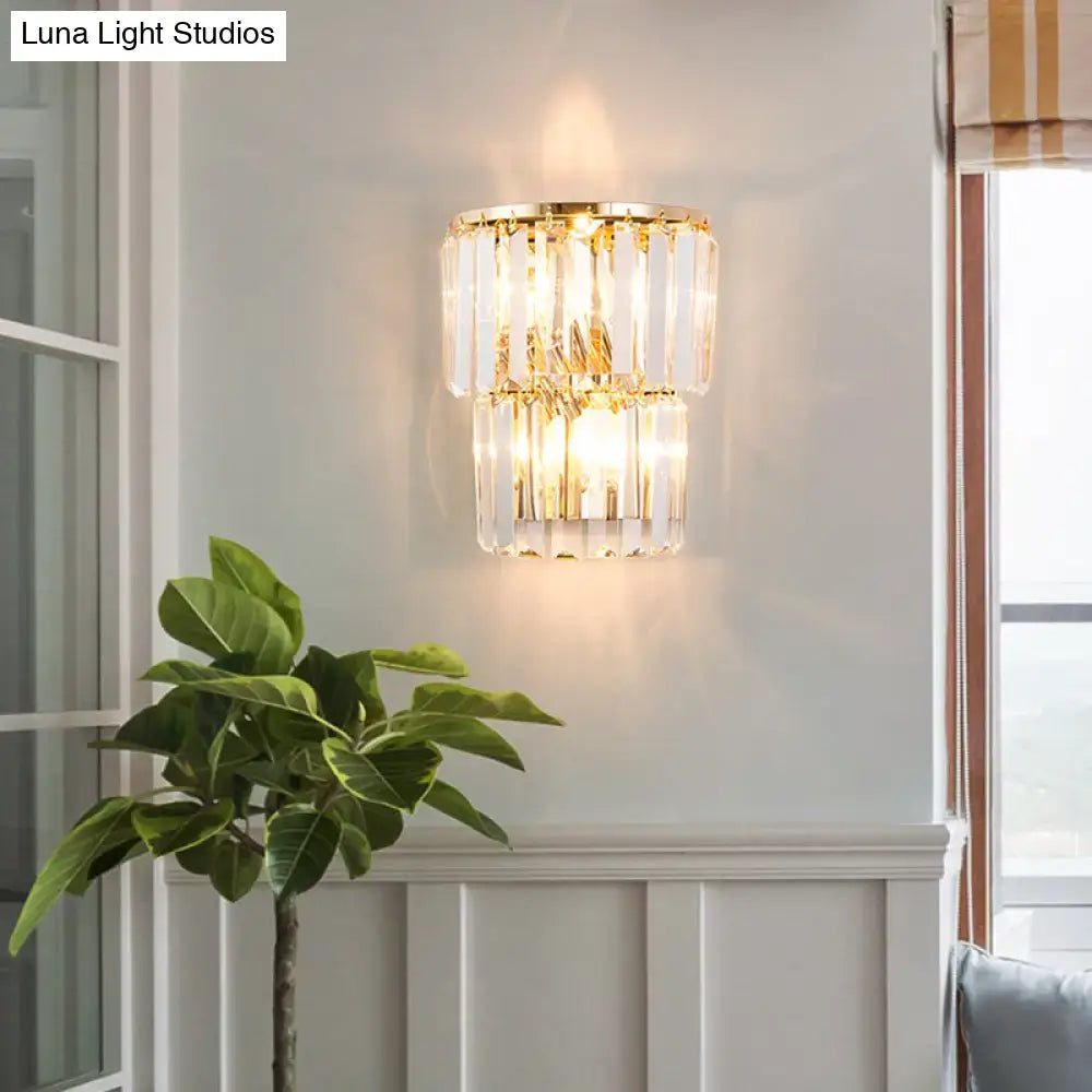Contemporary gold crystal block wall lamp with cascading clear prisms for dining room wall lamp lighting