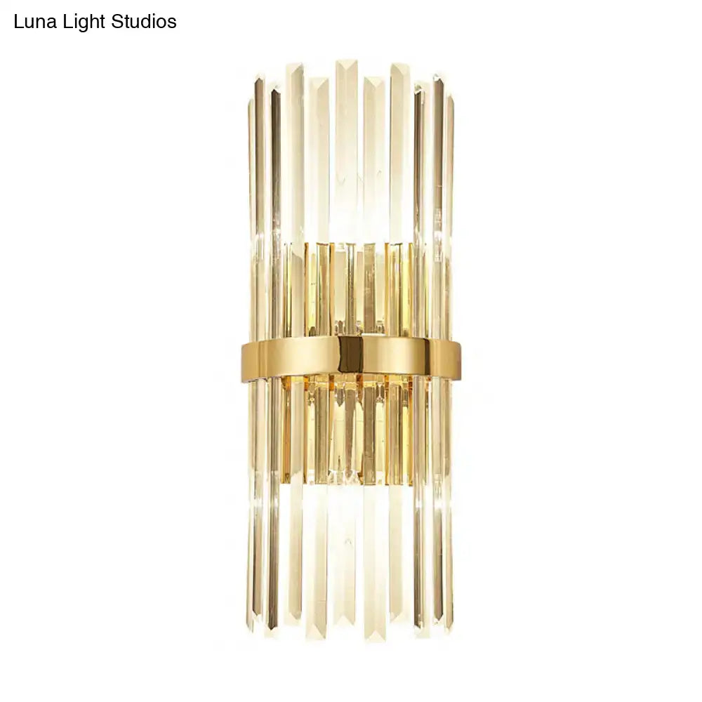 Elegant gold wall lamp with cylinder design crystal rods and central brass band for 220v-240v living room use