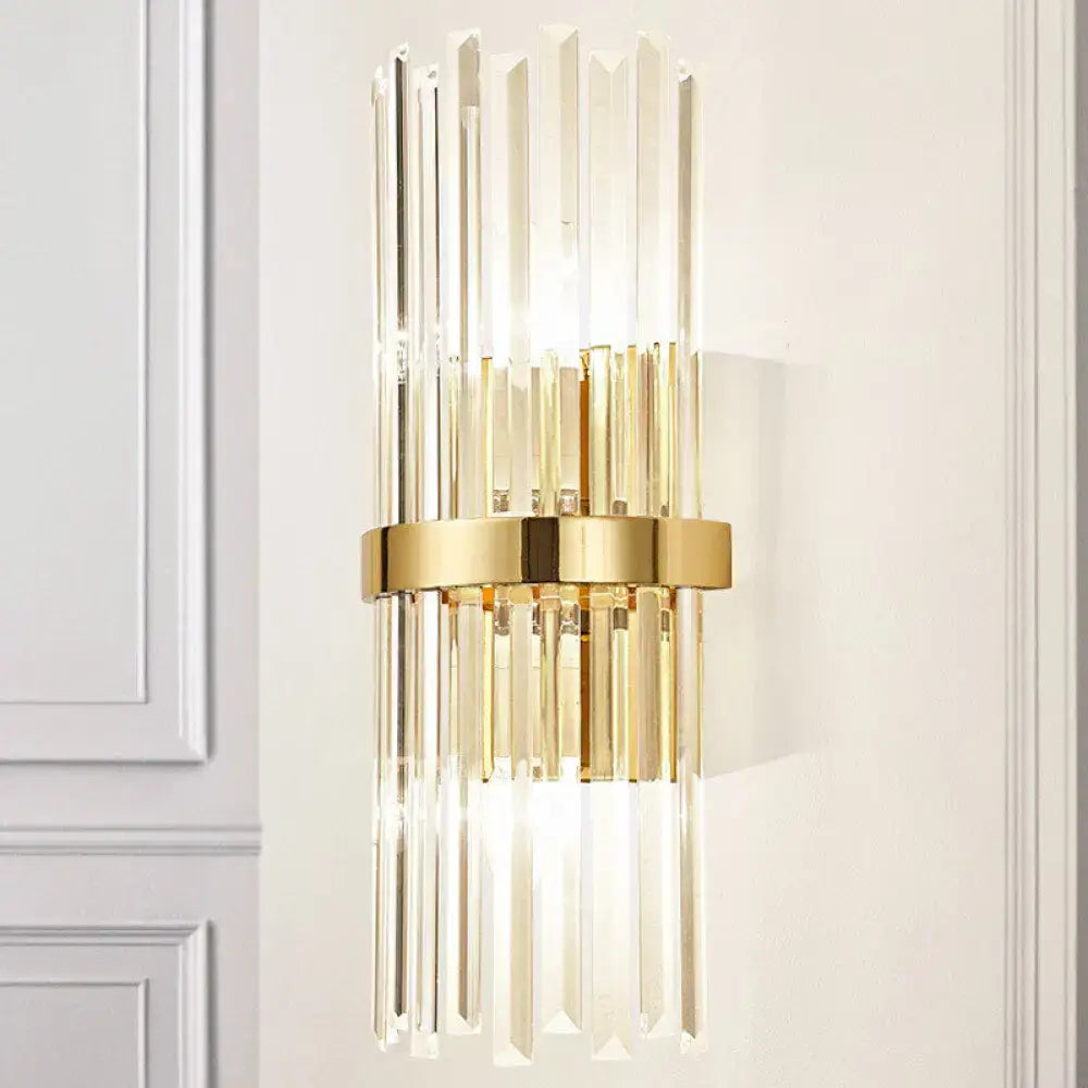 Contemporary gold wall sconce with vertical crystal rods and brass band featuring cylinder design 220v-240v 110v-120v