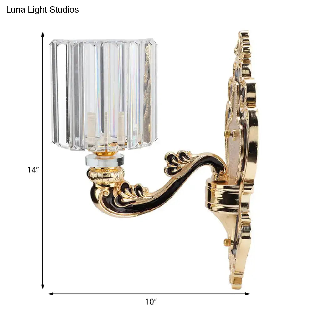Contemporary gold crystal cylinder wall sconce with gold finish and clear vertically ribbed shade fits e26 e27 bulbs