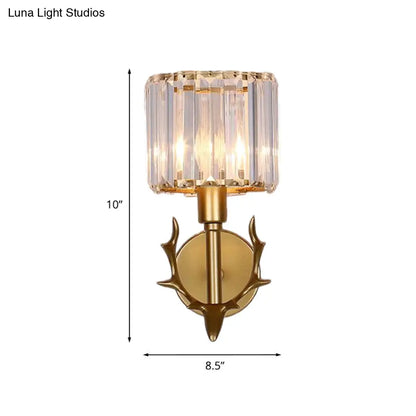 DecorBites™ DecorBites™ Contemporary Gold Crystal Cylinder Wall Sconce with Antler Decor – 1 Bulb Living Room Light