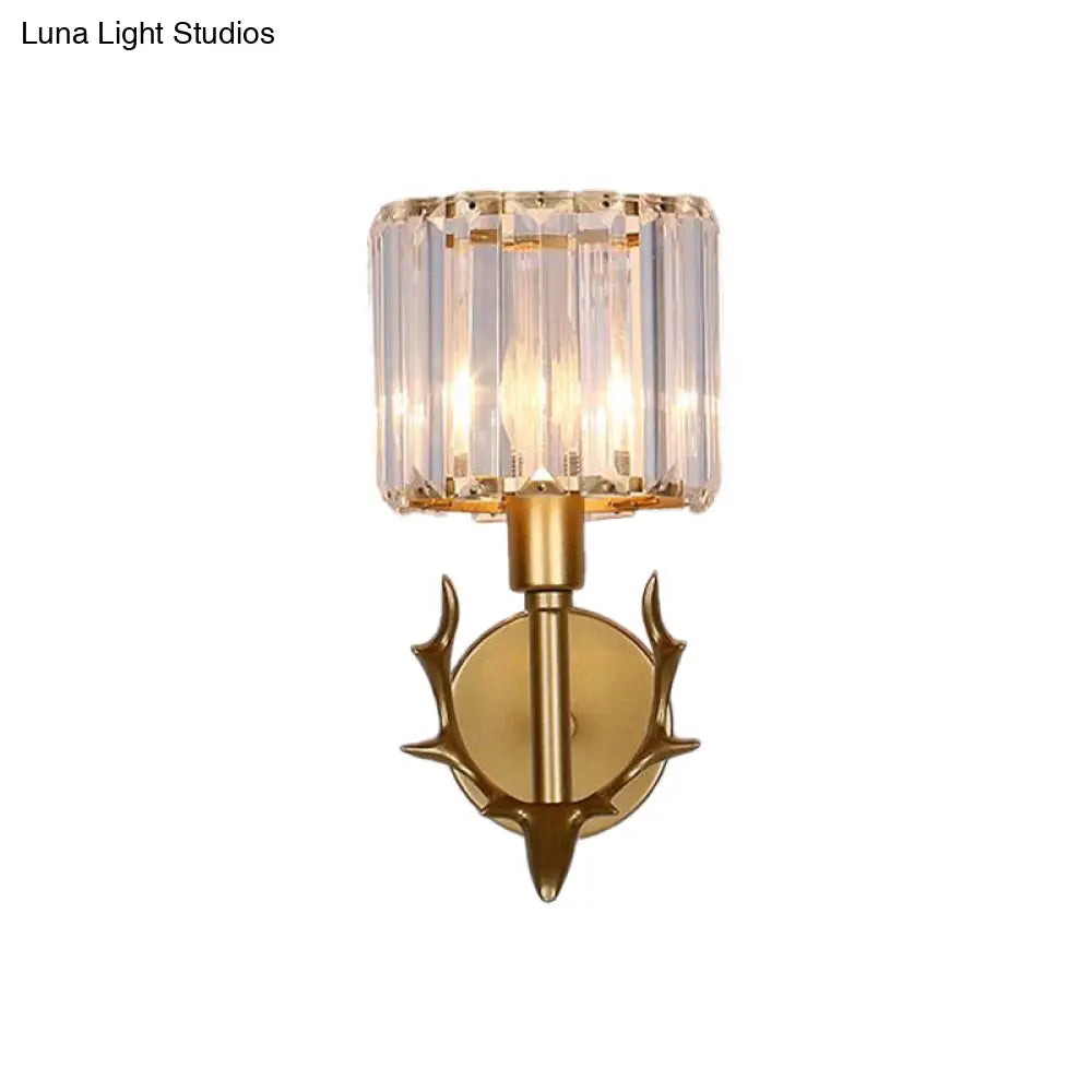 DecorBites™ DecorBites™ Contemporary Gold Crystal Cylinder Wall Sconce with Antler Decor – 1 Bulb Living Room Light