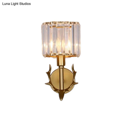 DecorBites™ DecorBites™ Contemporary Gold Crystal Cylinder Wall Sconce with Antler Decor – 1 Bulb Living Room Light