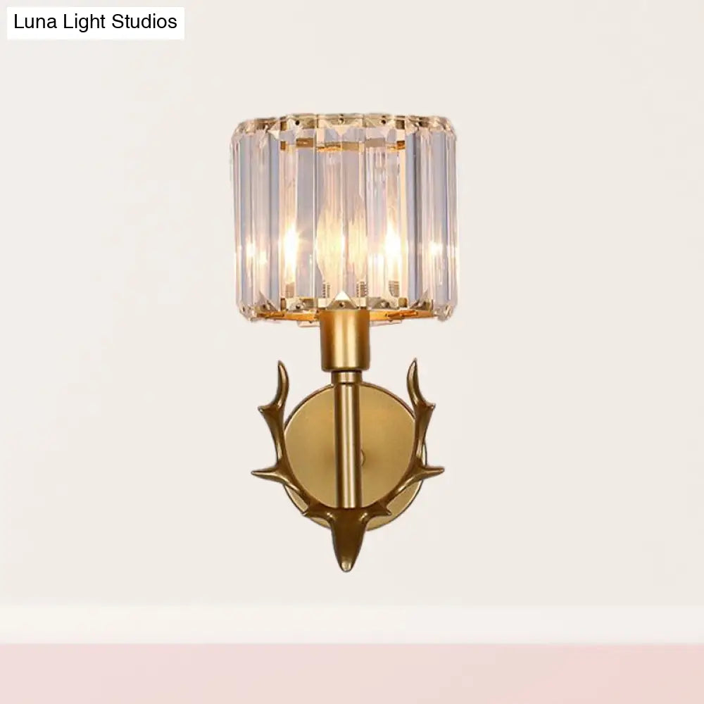 DecorBites™ DecorBites™ Contemporary Gold Crystal Cylinder Wall Sconce with Antler Decor – 1 Bulb Living Room Light