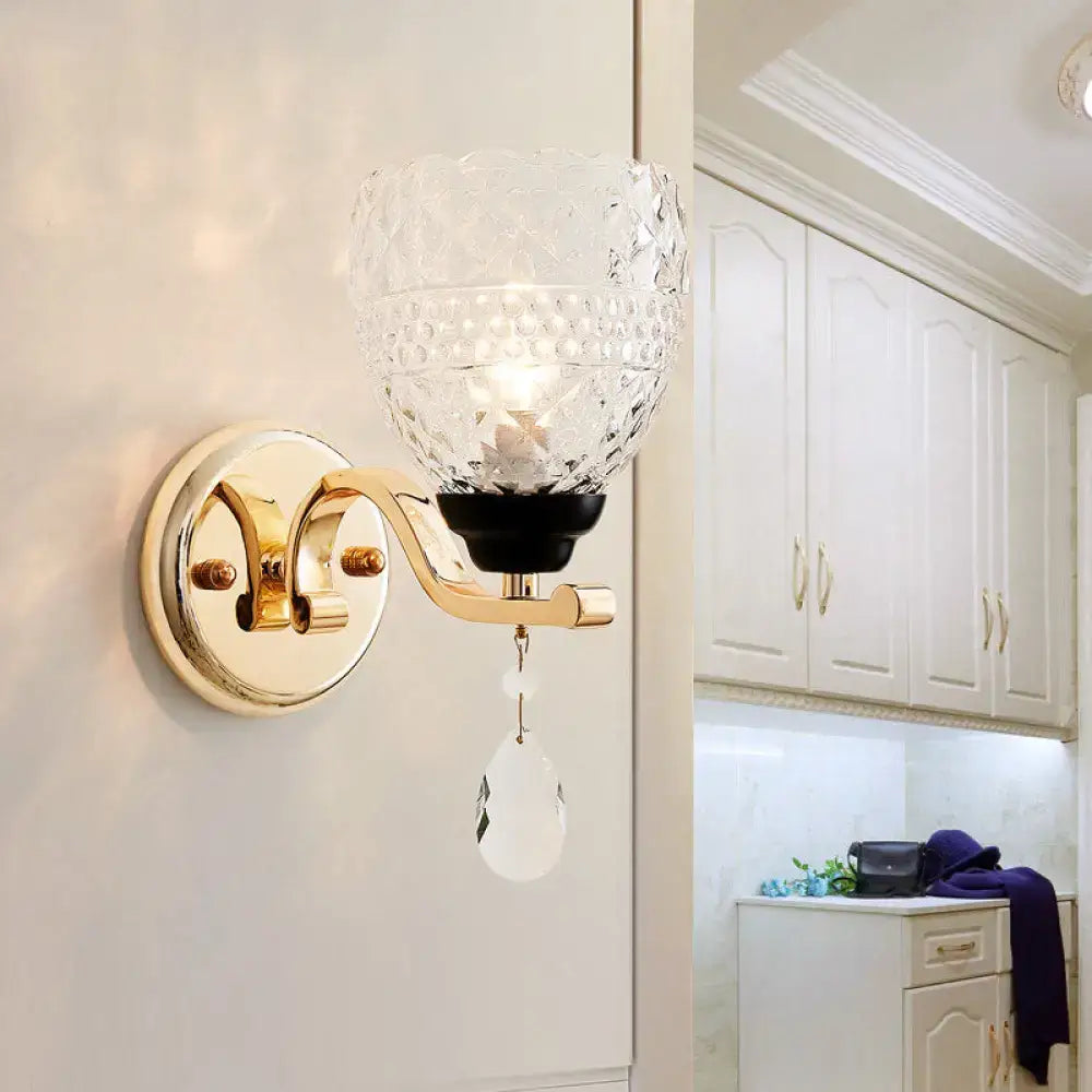 Contemporary gold crystal drop wall sconce with faceted glass shade and dangling teardrop crystal pendant inch fixture