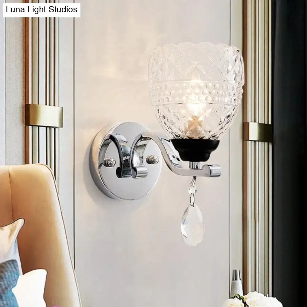 Contemporary chrome finished wall sconce with faceted glass shade and teardrop crystal drop for bedroom use inch fixture