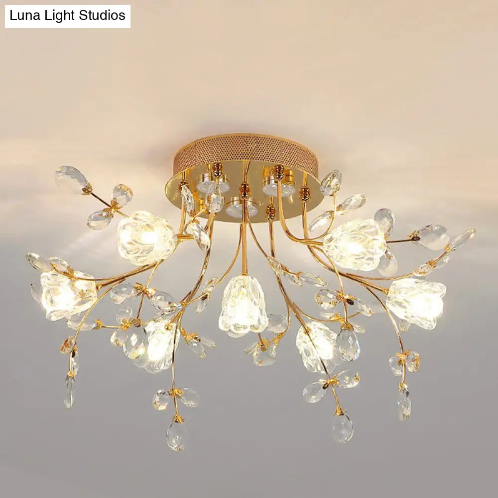 DecorBites™ DecorBites™ Contemporary Gold Crystal Flush Mount Lamp - 7-Head Bedroom Lighting