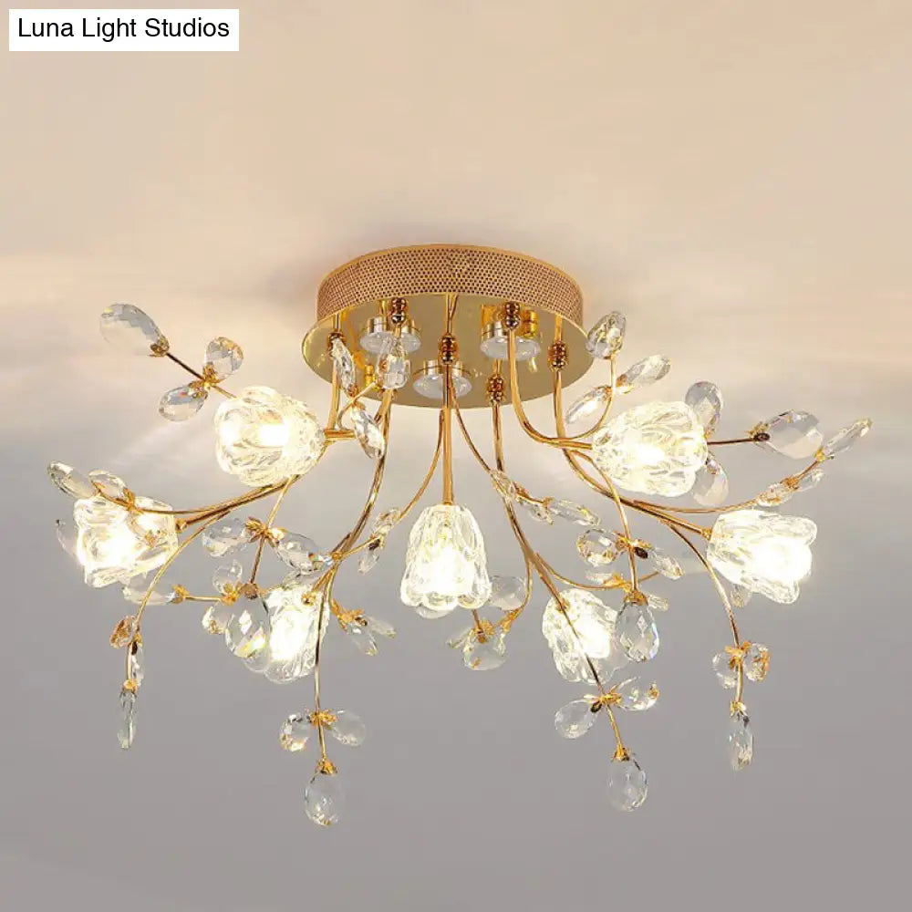 DecorBites™ DecorBites™ Contemporary Gold Crystal Flush Mount Lamp - 7-Head Bedroom Lighting
