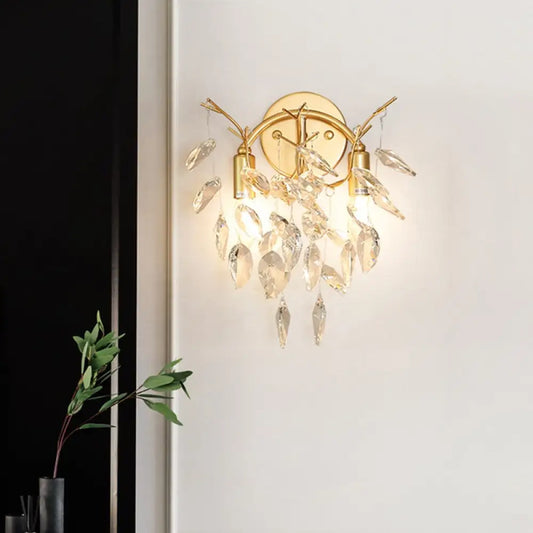 DecorBites™ DecorBites™ Contemporary Gold Crystal Leaf Wall Lamp with 2 Bulbs - Wall Mounted Lighting for Living Room