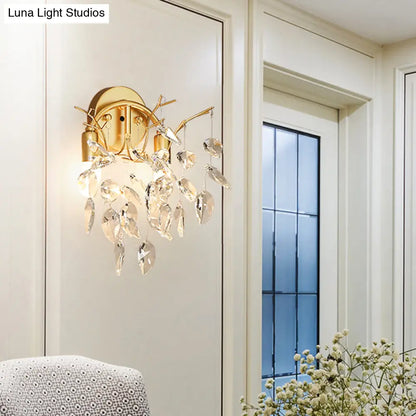 DecorBites™ DecorBites™ Contemporary Gold Crystal Leaf Wall Lamp with 2 Bulbs - Wall Mounted Lighting for Living Room