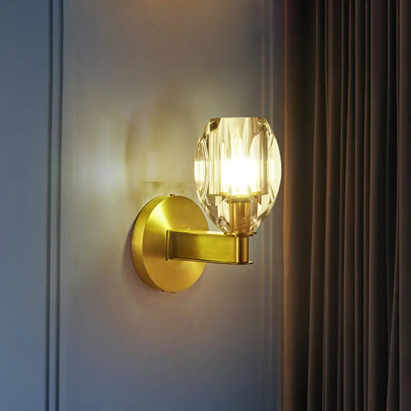Contemporary gold crystal led wall light with faceted glass shade compatible with 220v-240v and 110v-120v sockets