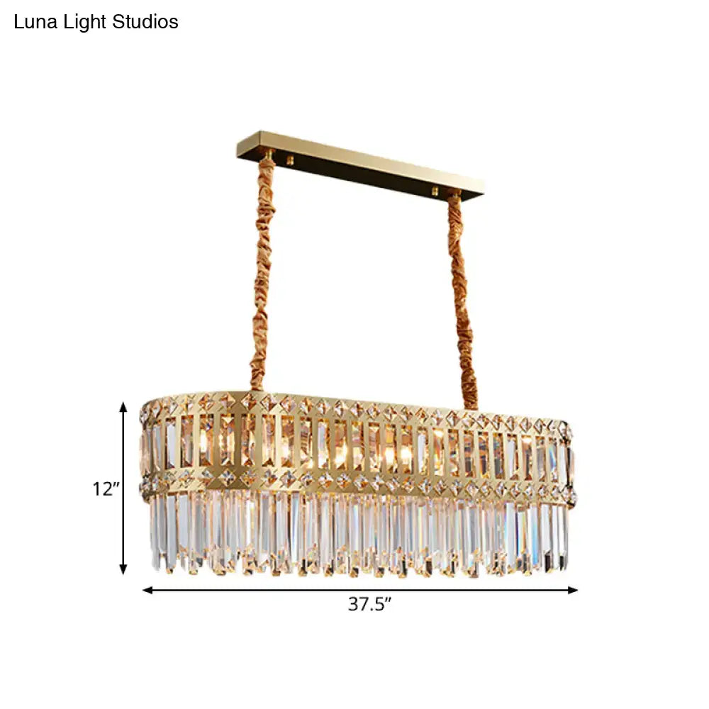 Contemporary gold light fixture with clear crystal prisms and braided rope suspension for dining area lighting