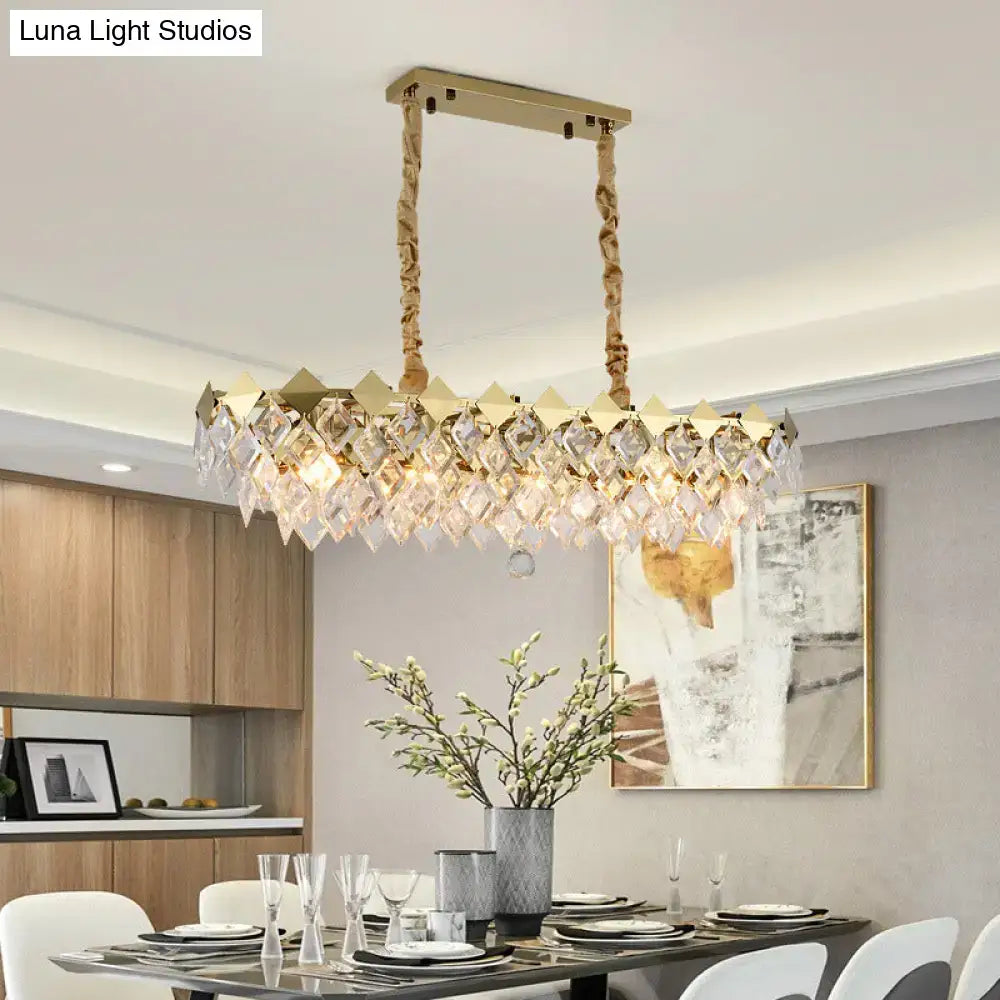 Contemporary gold crystal rhombus chandelier with rectangular frame and twisted rope chains for dining room lighting