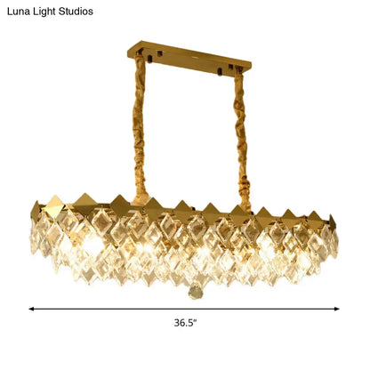 Contemporary gold crystal rhombus chandelier with twisted rope-like chains and cascading clear crystal prisms for dining room
