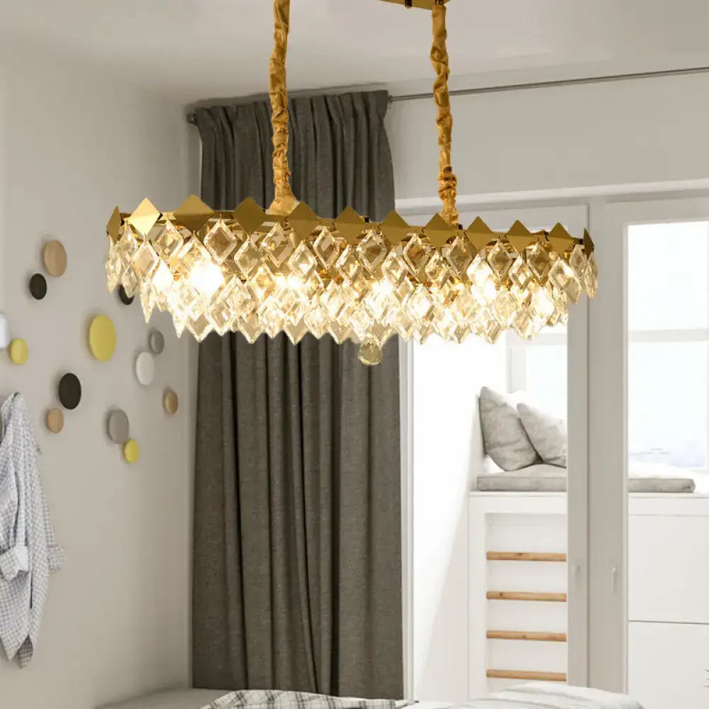 Contemporary gold crystal rhombus chandelier with geometric diamond crystals and twisted rope suspension chains for dining rooms