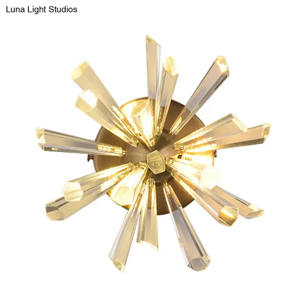 Contemporary gold crystal sputnik wall sconce with faceted radiating arms and hexagonal fixture bulb base inches tall
