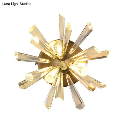 Contemporary gold crystal sputnik wall sconce with faceted radiating arms and hexagonal fixture bulb base inches tall