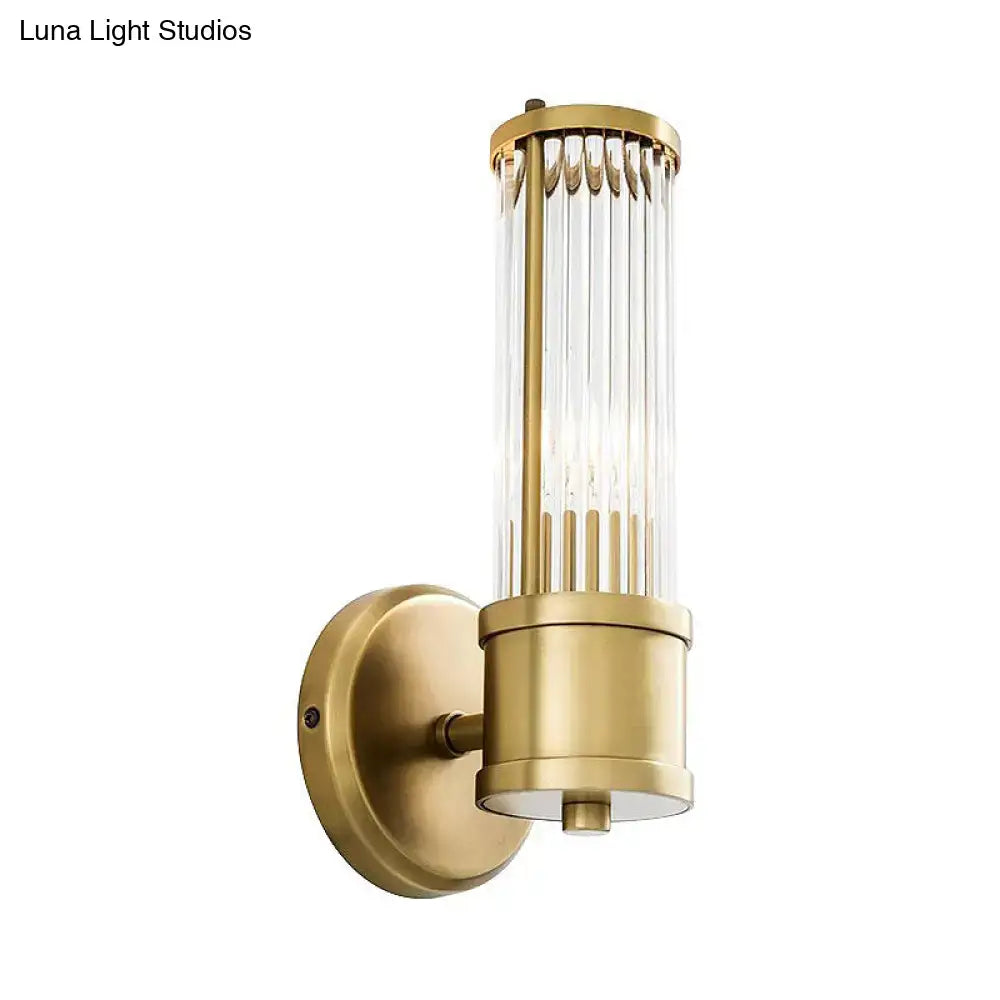 Contemporary gold crystal wall sconce light fixture with vertical crystal rods for living room illumination