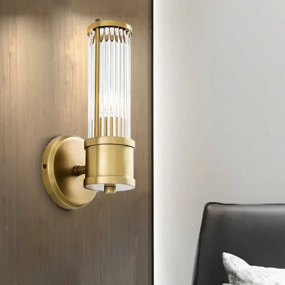 Contemporary gold crystal wall sconce light fixture with vertical crystal glass rods for living room lighting