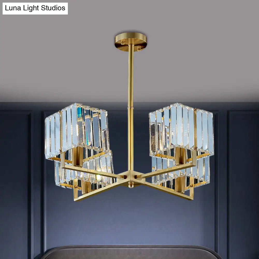 Lámpara de araña contemporánea dorada con forma de cubo y cristal, con 4 o 6 luces colgantes para dormitorio.