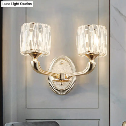 Lámpara de pared cilíndrica dorada contemporánea DecorBites™ con cristal - Corte biselado, diseño de media cabeza - Elegante lámpara de pared para sala de estar