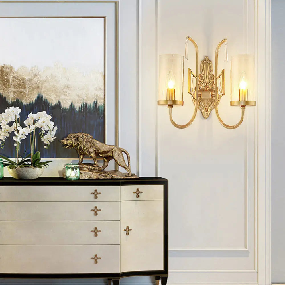 Aplique de pared cilíndrico dorado contemporáneo DecorBites™ con pantalla de cristal transparente