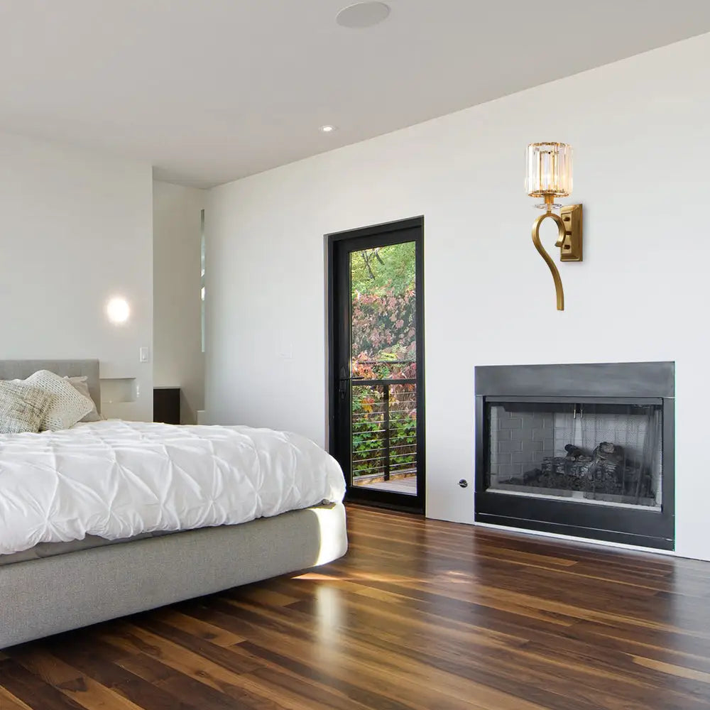 Aplique de pared cilíndrico dorado contemporáneo DecorBites™ con detalles de cristal para dormitorio