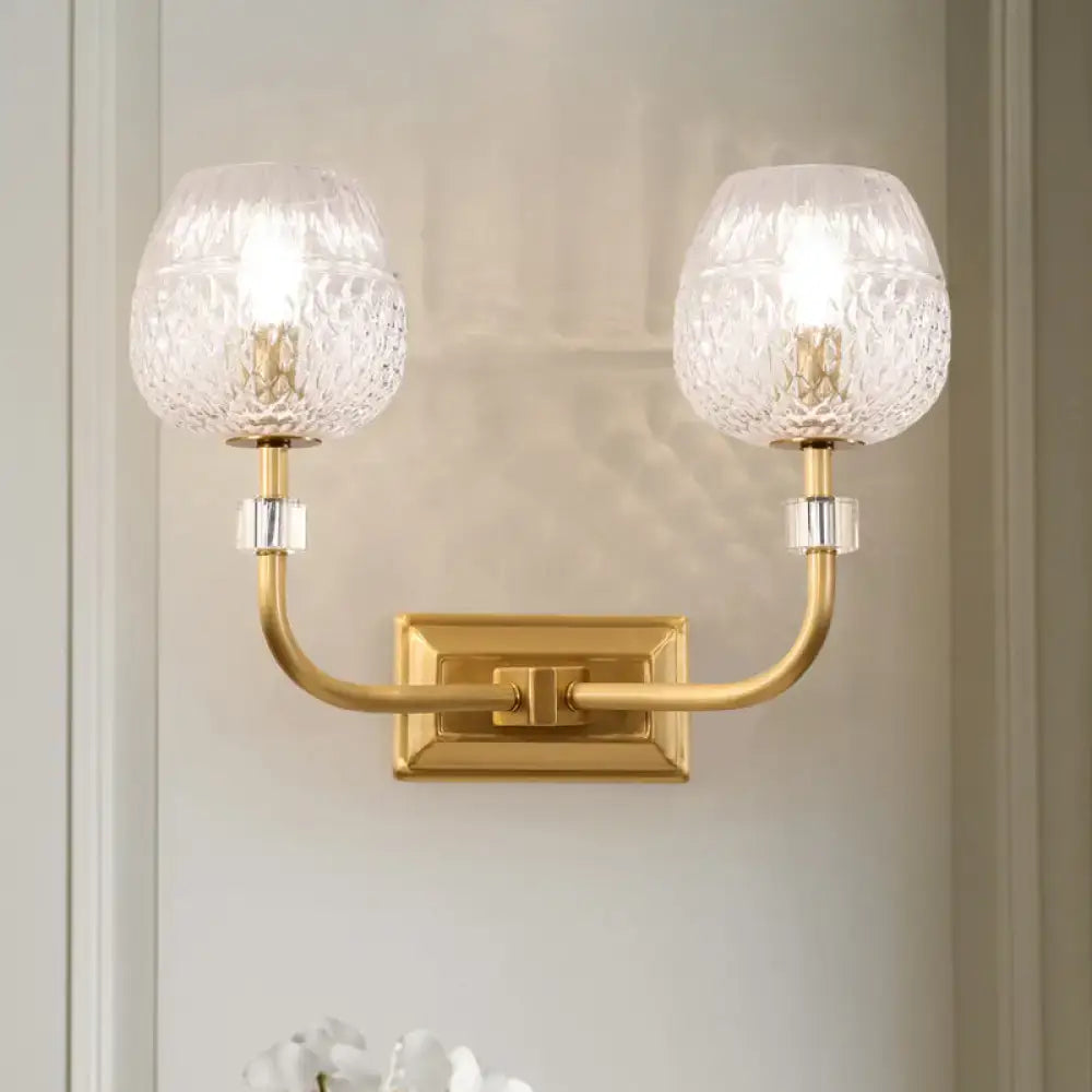 Contemporary gold dome foyer wall light with clear lattice glass shades and textured crystal glass wall light design