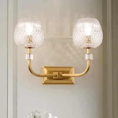 Contemporary gold dome foyer wall light with clear lattice glass shades and textured crystal glass wall light design