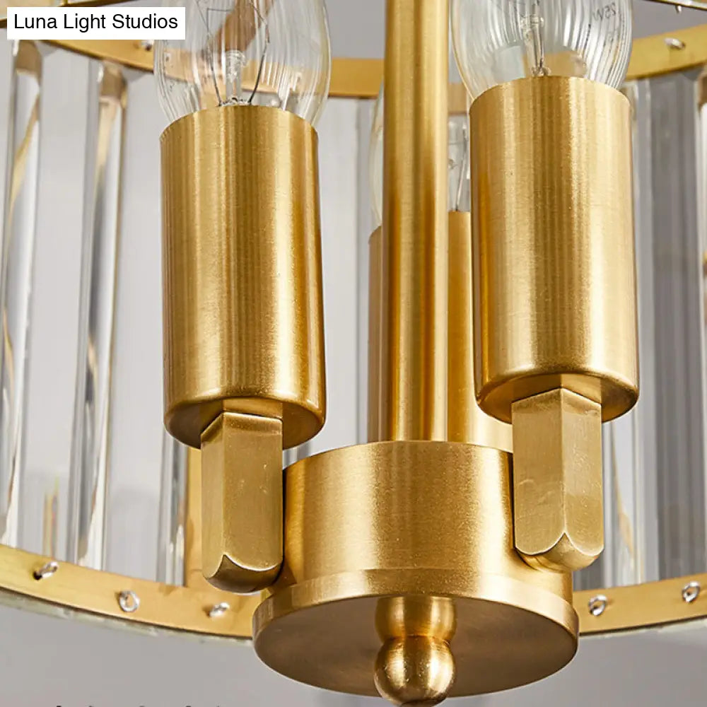 Lámpara de techo contemporánea dorada con forma de tambor y cristales transparentes - Lámpara colgante de 3/6/9 cabezas para sala de estar