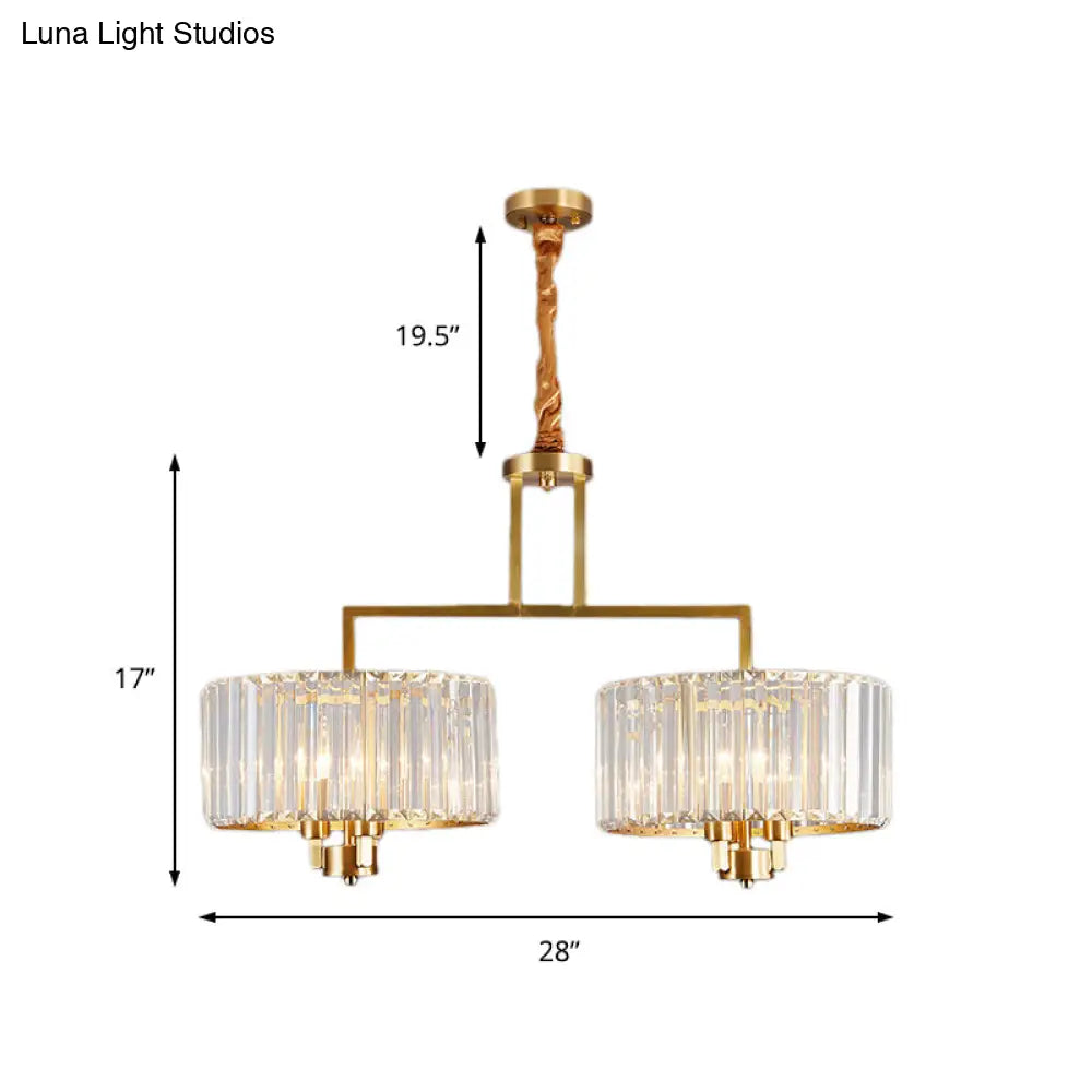 Lámpara de techo contemporánea dorada con forma de tambor y cristales transparentes - Lámpara colgante de 3/6/9 cabezas para sala de estar