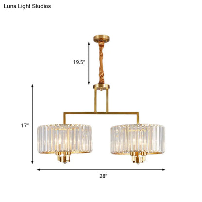Lámpara de techo contemporánea dorada con forma de tambor y cristales transparentes - Lámpara colgante de 3/6/9 cabezas para sala de estar