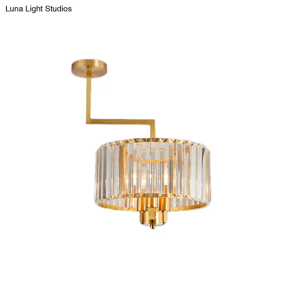 Lámpara de techo contemporánea dorada con forma de tambor y cristales transparentes - Lámpara colgante de 3/6/9 cabezas para sala de estar
